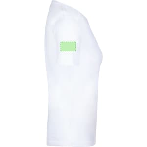 A white women's T-shirt with a plain design and a green label area on the sleeve.