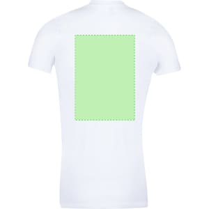 A white women's T-shirt featuring a blank rectangular area on the back. It has a logo branding.