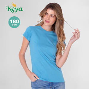 A blue women's T-shirt with a round neckline and short sleeves, featuring a logo.