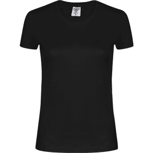 A black women's t-shirt with short sleeves and a round neckline, featuring a tag inside.