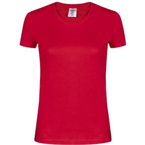 A red women's T-shirt featuring a classic crew neck and short sleeves, with a label and logo.