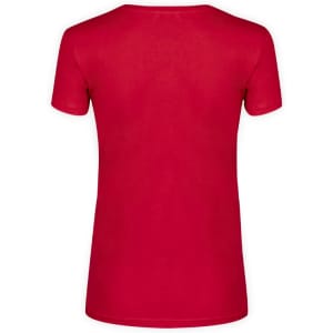 A red women's t-shirt featuring a fitted design and short sleeves. It includes a logo on the back.