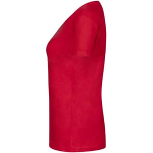 A red women's t-shirt displayed from the side, featuring a smooth fabric and a fitted silhouette. It has a logo.