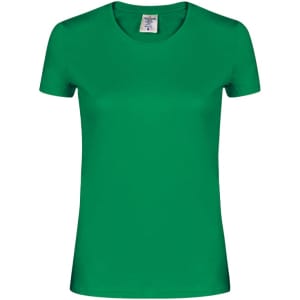 A women's short-sleeve T-shirt in vibrant green with a round neckline and a brand logo on the label.