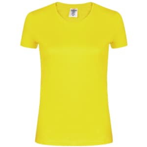 A yellow women's T-shirt with a round neckline and short sleeves. It features a tag inside and has no visible logos.