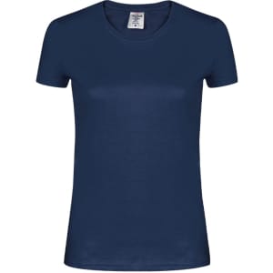 A navy blue women's t-shirt with a crew neck design and short sleeves. It features a logo on the label.