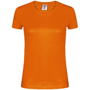 An orange women's t-shirt with a round neckline and short sleeves, featuring a label inside.