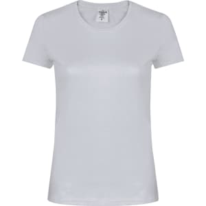 A white women's T-shirt with a classic fit, featuring a crew neck and short sleeves. Includes a branding label.