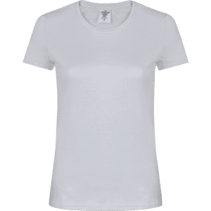 A women's white T-shirt with a round neck, short sleeves, and a simple design. It has a brand logo.