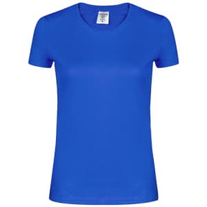A blue women's T-shirt with a round neckline and short sleeves, featuring a branding logo.