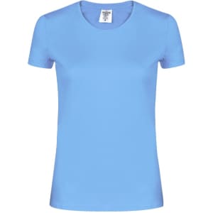 A blue women's T-shirt with a fitted design and short sleeves. It features a tag inside and has a logo.