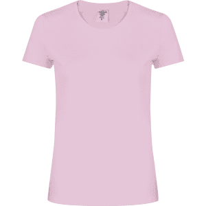 A pink women's T-shirt with a round neckline and short sleeves, featuring a logo.