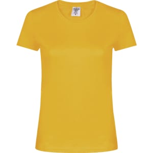 A women's yellow T-shirt with a round neckline and short sleeves. It has a logo on the label.
