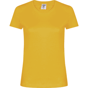 A women's yellow T-shirt featuring a fitted design and a small logo on the label.