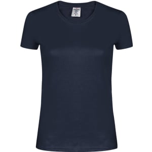 A navy blue women's T-shirt with a round neck and short sleeves. It features a label and has a logo.