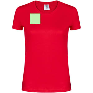 A red women's T-shirt featuring a placeholder for a logo or design on the upper left side.