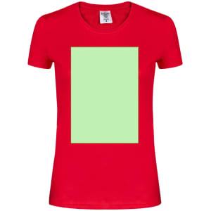 A red women's t-shirt with a blank green rectangular area in the centre. It has a branding label on the neckline.