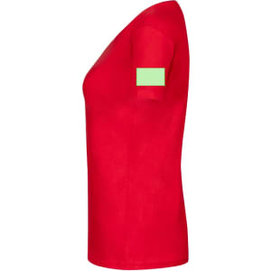 A red women's T-shirt with a green square patch on the sleeve, featuring a simple design.