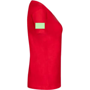 A red women’s T-shirt with a short sleeve and a green rectangular patch on the arm.