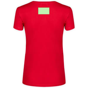 A red women's T-shirt with a short sleeve design and a green patch on the back.