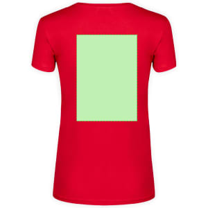 A red women's T-shirt featuring a plain green rectangular design on the back. Includes a logo on the neckline.