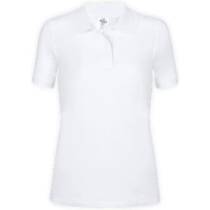 A women's white polo shirt with a classic collar and short sleeves, featuring a logo.