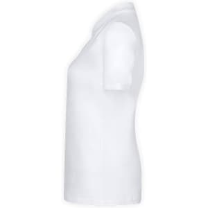 A plain white women's polo shirt displayed from the side, featuring a fitted silhouette and short sleeves.