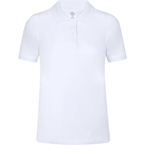A white women's polo shirt with a classic collar and short sleeves, featuring a logo.