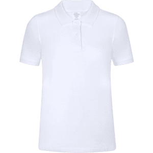 A white women's polo shirt with a classic collar and short sleeves, featuring a logo on the chest.