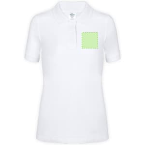 A white women's polo shirt featuring a blank area on the left chest for branding.