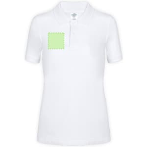 A white women's polo shirt with a green square on the front, featuring a logo or branding.