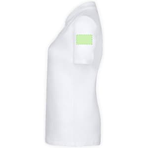 A white women's polo shirt with a fitted design and a blank patch on the sleeve for branding or personalization.