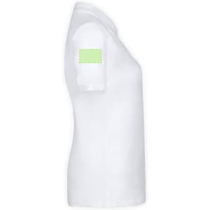 A white women's polo shirt with a short sleeve and an empty patch on the shoulder for branding.