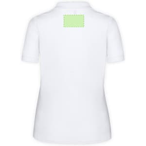 A white women’s polo shirt featuring a back section for branding or decoration.