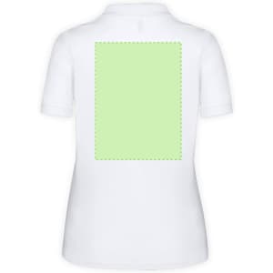 A women's white polo shirt featuring a blank green rectangle on the back and a logo on the front.