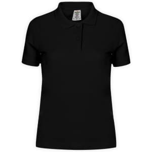 A black women's polo shirt with a classic collar and three-button placket, featuring a brand label inside.