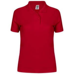 A red women's polo shirt with a collar and short sleeves, featuring a branding logo.
