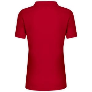 A red polo shirt featuring a back view with a collar and short sleeves, along with a logo.