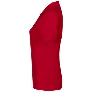 A red women's polo shirt with a fitted design and a collar, featuring a logo.