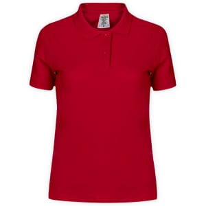 A red women's polo shirt featuring a collar and short sleeves, with a label inside and a logo on the chest.