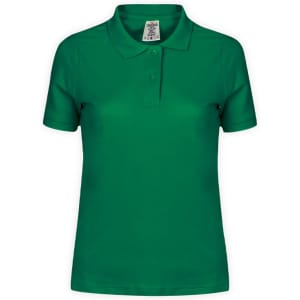 A green polo shirt with a classic collar and short sleeves, featuring a logo on the front.
