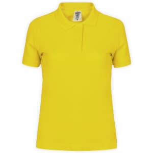 A yellow women's polo shirt with a classic collar and a label tag inside. The shirt has a logo on it.
