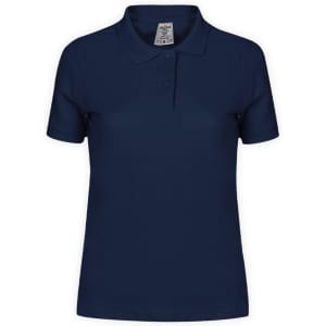 Navy blue women's polo shirt with a classic collar and short sleeves, featuring a label inside.