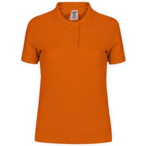 An orange women's polo shirt with a collar and a logo on the upper section.
