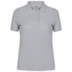 A light grey women's polo shirt with a classic collar and short sleeves, featuring a logo.