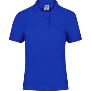 A blue women's polo shirt with a collar, short sleeves, and a logo.
