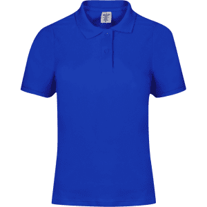 A women's polo shirt in vibrant blue with a classic collar and three-button placket, featuring a brand logo.