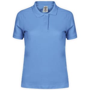 A women's polo shirt in a vibrant light blue colour, featuring a collar and three buttons, with a logo tag inside.