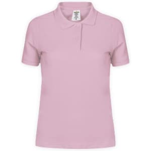 A pink women's polo shirt featuring a collar and three buttons, with a logo on the label.