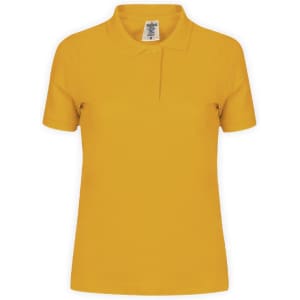 A women's short-sleeve polo shirt in vibrant yellow with a collar and a branded tag inside.